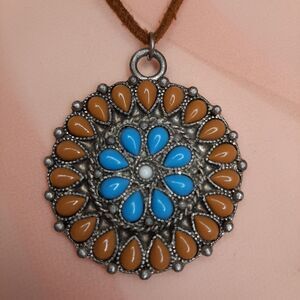 Robert Rose Round Necklace brown & blue teardrop pattern  w/ Suede cord chain